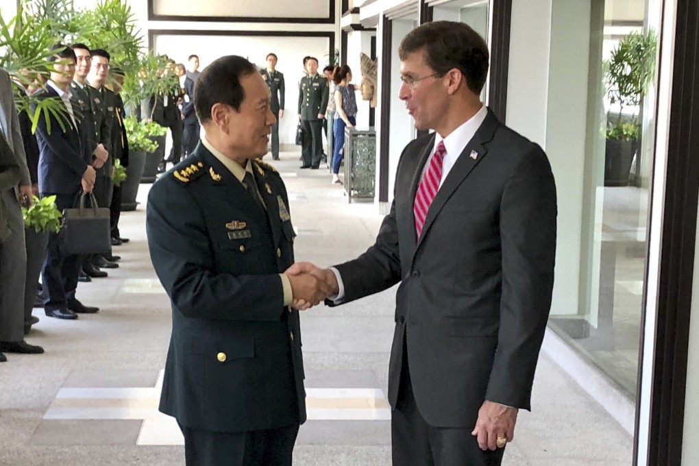 Chinese Defence Minister Wei Fenghe (left) and US Secretary of Defence Mark Esper in November last year. Photo: AP