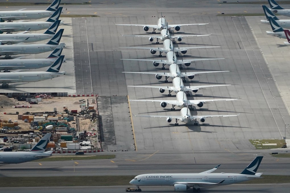 Commercial aeroplanes seen grounded at Hong Kong International Airport. Photo: Felix Wong