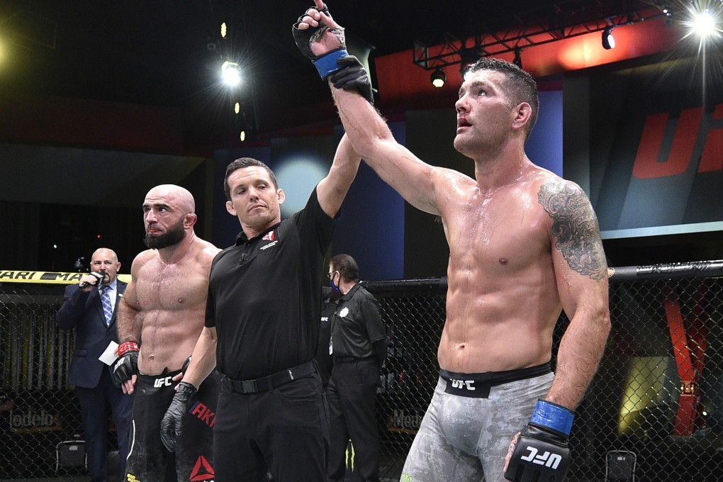 Chris Weidman reacts after his victory over Omari Akhmedov in their middleweight fight during the UFC Fight Night event at UFC APEX in Las Vegas. Photo: Chris Unger/Zuffa LLC