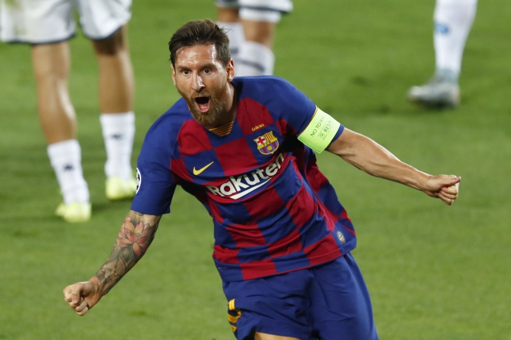 Barcelona's Lionel Messi celebrates scoring against Napoli at the Camp Nou in the Uefa Champions League. Photo: AP