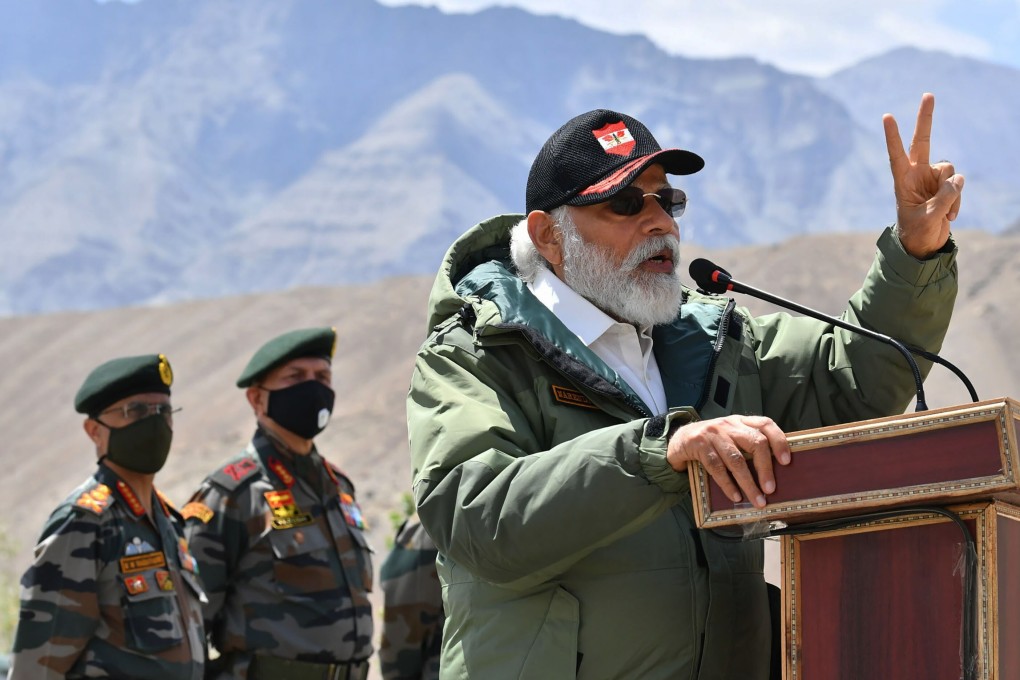 Indian Prime Minister Narendra Modi addresses soldiers during a visit to Nimu, Ladakh area, India, July 3, 2020. Photo: AP