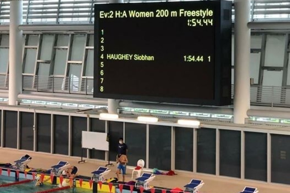 The results board shows Siobhan Haughey’s excellent performance in the 200m freestyle in a trial at the Sports Institute. Photo: Hong Kong Swimming Coaches Association