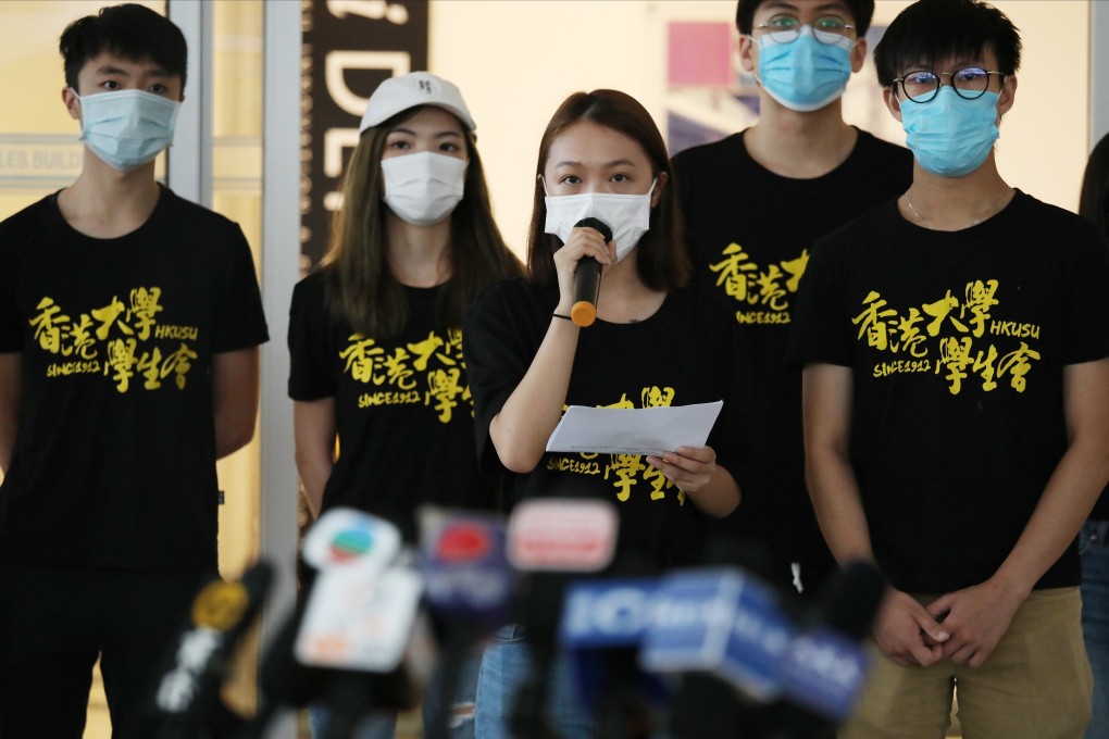 Representatives of HKU students meet the press as they submit a petition signed by more than 3,000 students and alumni demanding a review of Benny Tai’s dismissal, at the campus in Pok Fu Lam on August 3. Photo: Nora Tam
