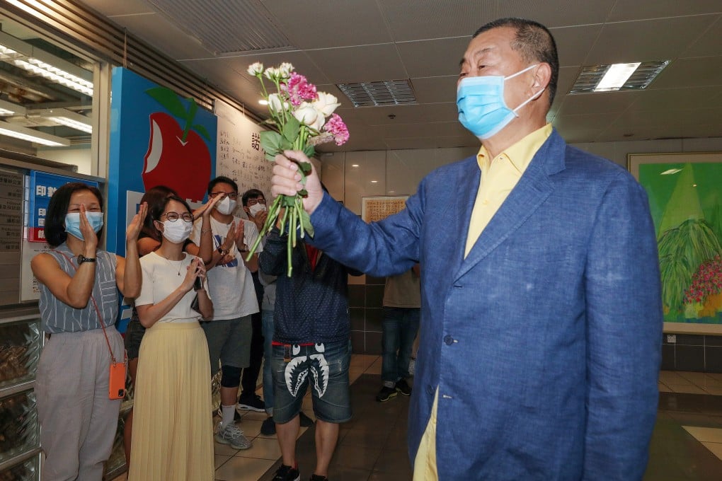 Jimmy Lai returns to his headquarters on Wednesday and receives a hero’s welcome. Photo: Handout