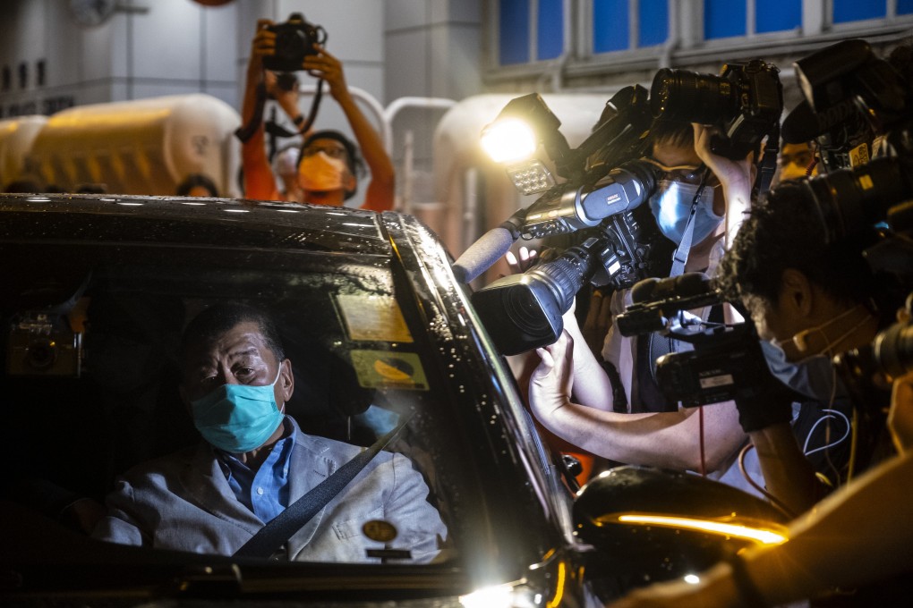 Next Digital chairman Jimmy Lai leaves Mong Kok police station after being released on bail on August 12. Photo: Bloomberg