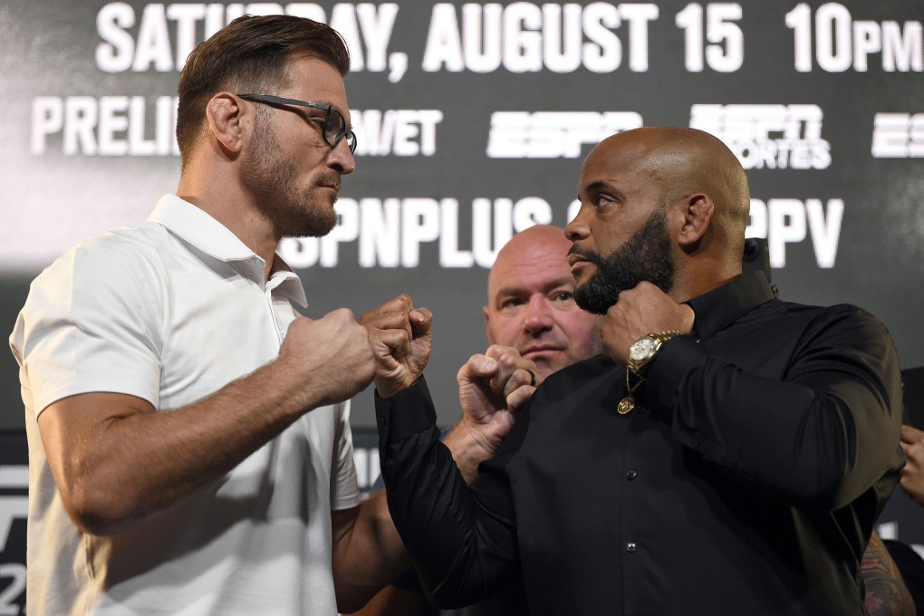 Stipe Miocic and Daniel Cormier face off during the UFC 252 press conference at the UFC Apex on August 13, 2020 in Las Vegas, Nevada. Photo: Chris Unger/Zuffa LLC