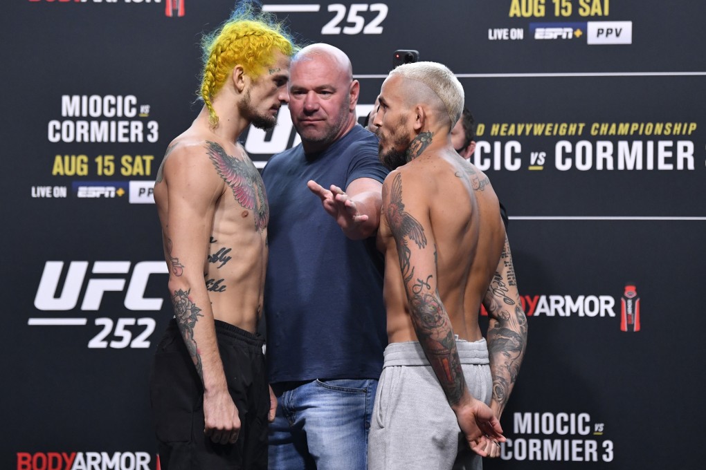 Sean O'Malley (left) and Marlon Vera face off during the UFC 252 weigh-in. Photos: Jeff Bottari/Zuffa LLC