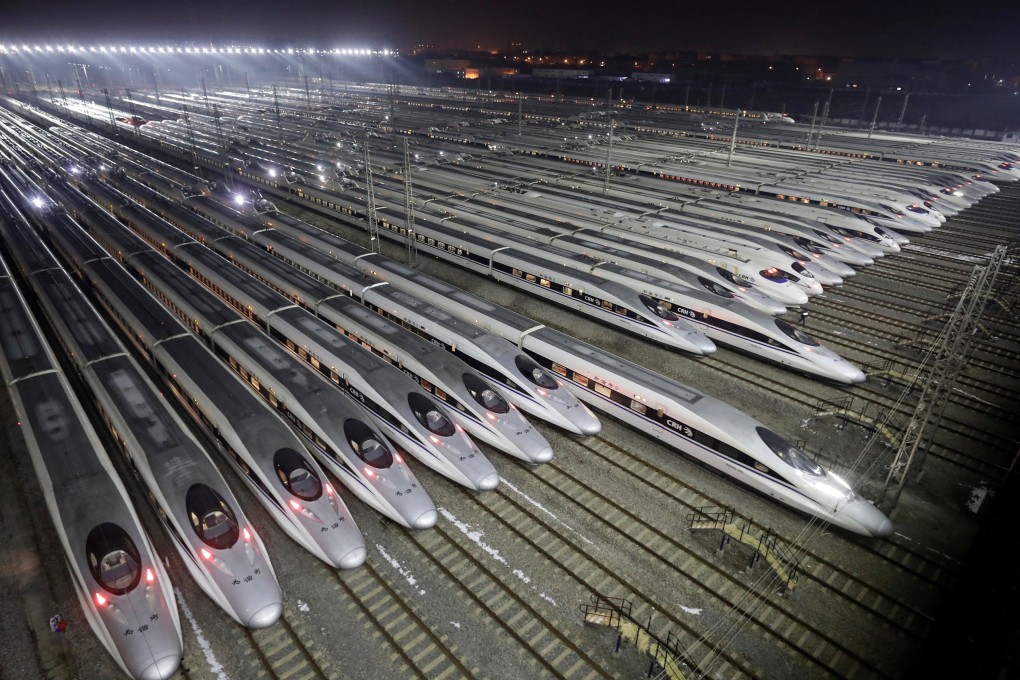 China Railway High-speed Harmony bullet trains are seen at a high-speed train maintenance base in Wuhan, Hubei province. Photo: Reuters