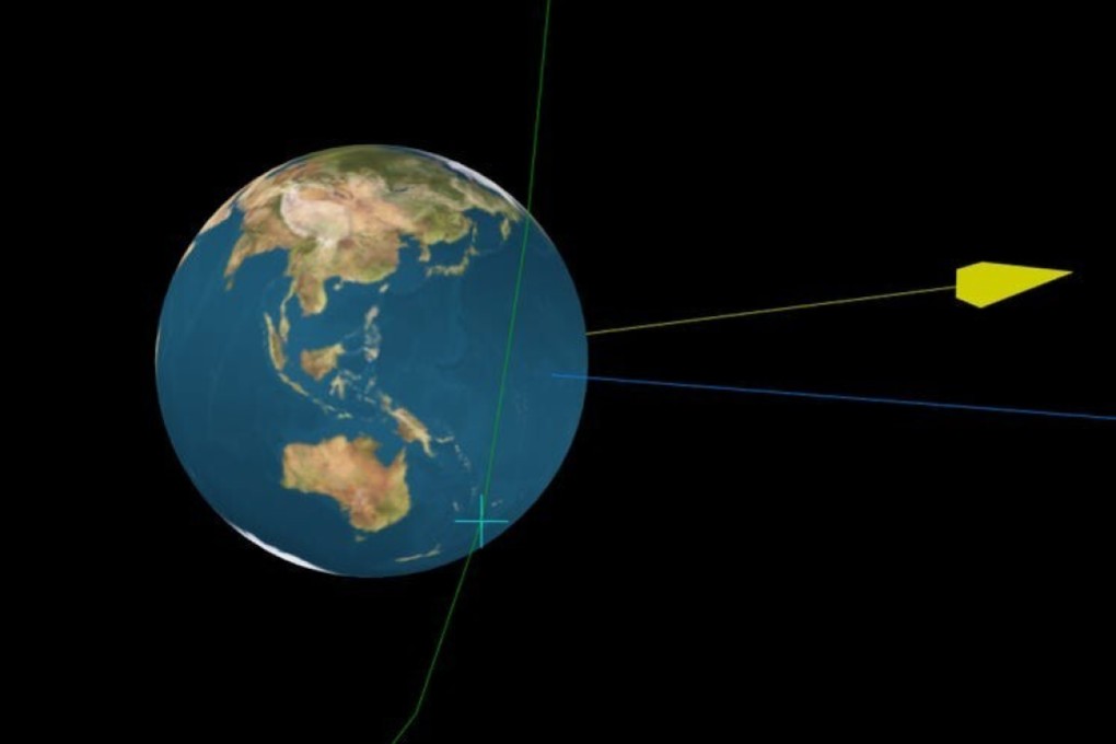 A diagram of asteroid 2020 QG flying past Earth on August 16. The yellow arrow shows the direction of the sun, blue shows Earth’s direction, and the green hatches show the asteroid's location every 30 minutes. Image: Minor Planet Centre/International Astronomical Union