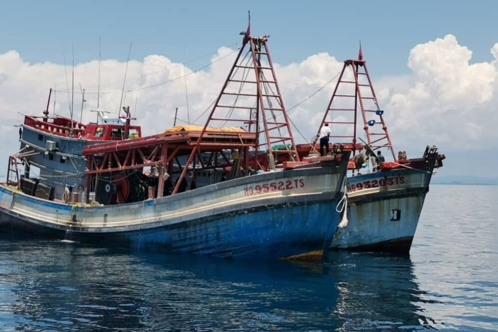 Vietnamese fishing boats are seen detained in Malaysian territorial waters in Kelantan on Monday. Photo: Malaysian Maritime Enforcement Agency / Handout via Reuters