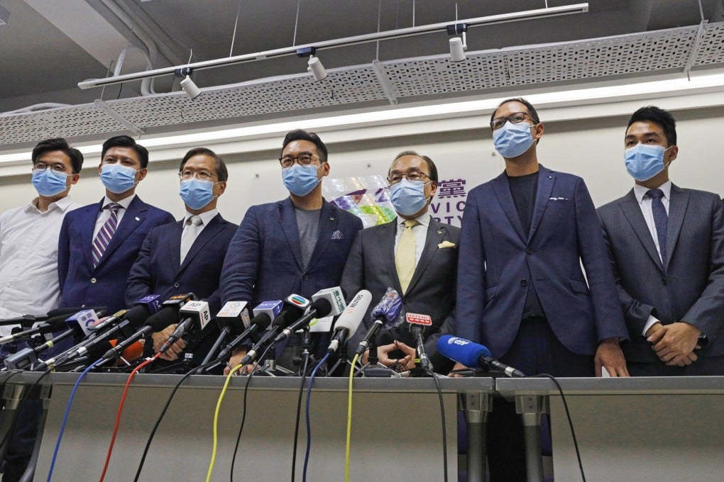 The Civic Party held a press conference on July 30, after four of its members, including incumbent lawmakers Kwok Ka-ki (third from left), Alvin Yeung (fourth) and Dennis Kwok (sixth), were disqualified from the Legco elections. Photo: AP