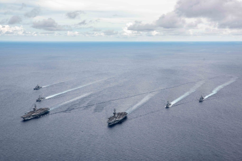 The American aircraft carriers USS Ronald Reagan and USS Nimitz with their carrier strike groups during a July 2020 drill in the South China Sea. Photo: EPA