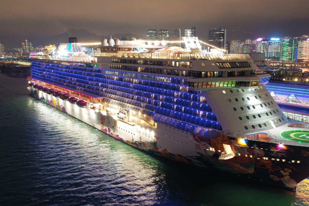 Aerial view of the World Dream cruise ship at the Kai Tak Cruise Terminalin Hong Kong on 5 February 2020. Photo: Martin Chan