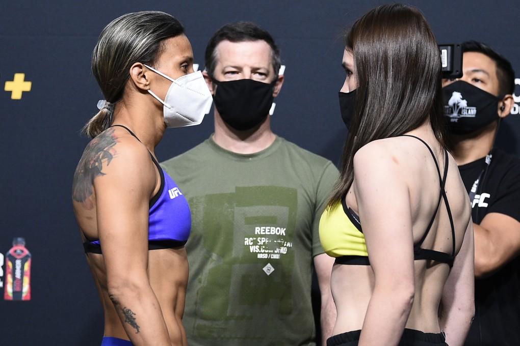 Amanda Lemos and Mizuki Inoue face off during the UFC Fight Night weigh-in at UFC Apex on August 21, 2020 in Las Vegas, Nevada. Photo: Chris Unger/Zuffa LLC