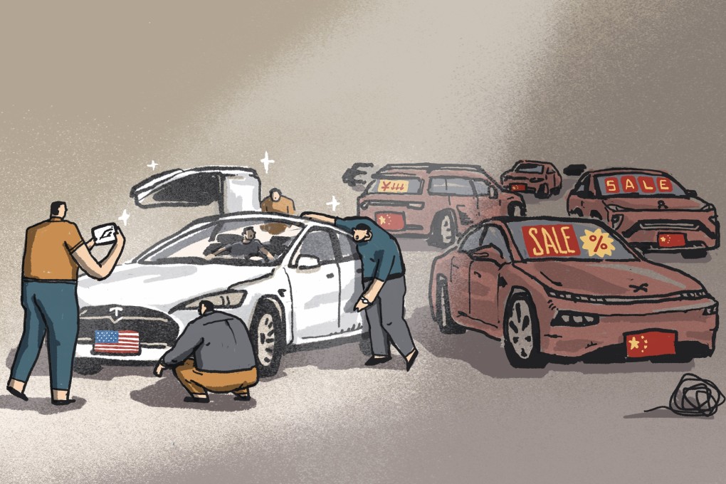 Chinese EV makers dream of unseating Tesla by raising capital and developing models with longer driving ranges, but they are yet to strike a chord with consumers. Illustration: Perry Tse