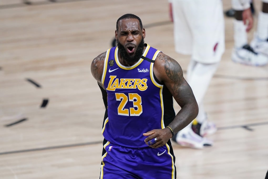 Los Angeles Lakers forward LeBron James celebrates a play during the first half of an NBA basketball first round playoff game against the Portland Trail Blazers. Photo: AP