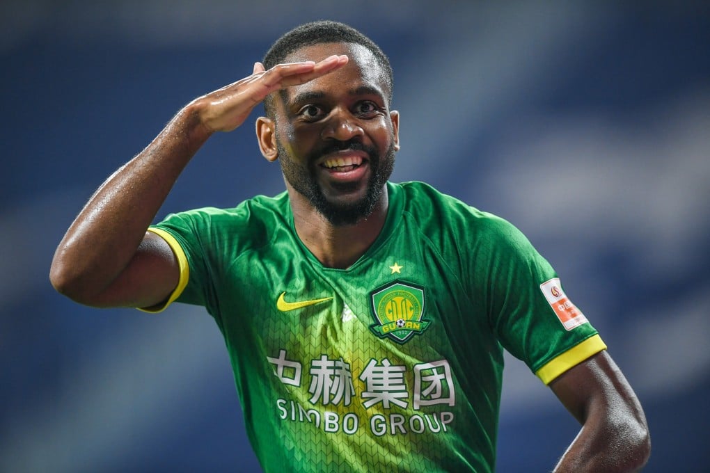 Cedric Bakambu of Beijing Guoan celebrates scoring against Shanghai SIPG. The striker won the CSL’s Suzhou bubble pool tournament on Sunday. Photo: Xinhua