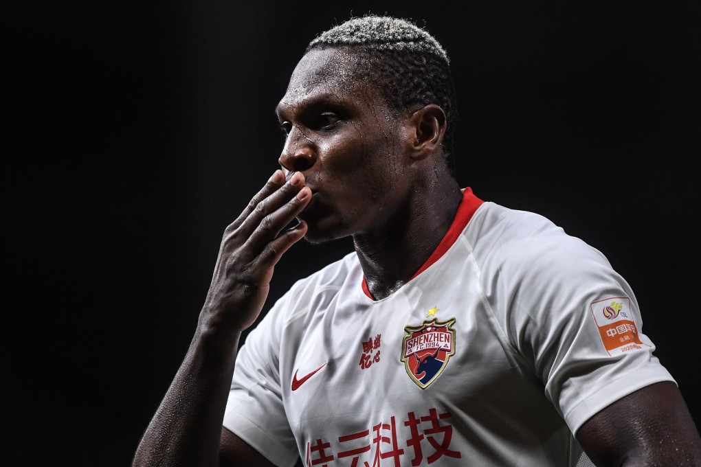 John Mary of Shenzhen celebrates scoring against Jiangsu Suning in the Chinese Super League in Dalian. Photo: Xinhua