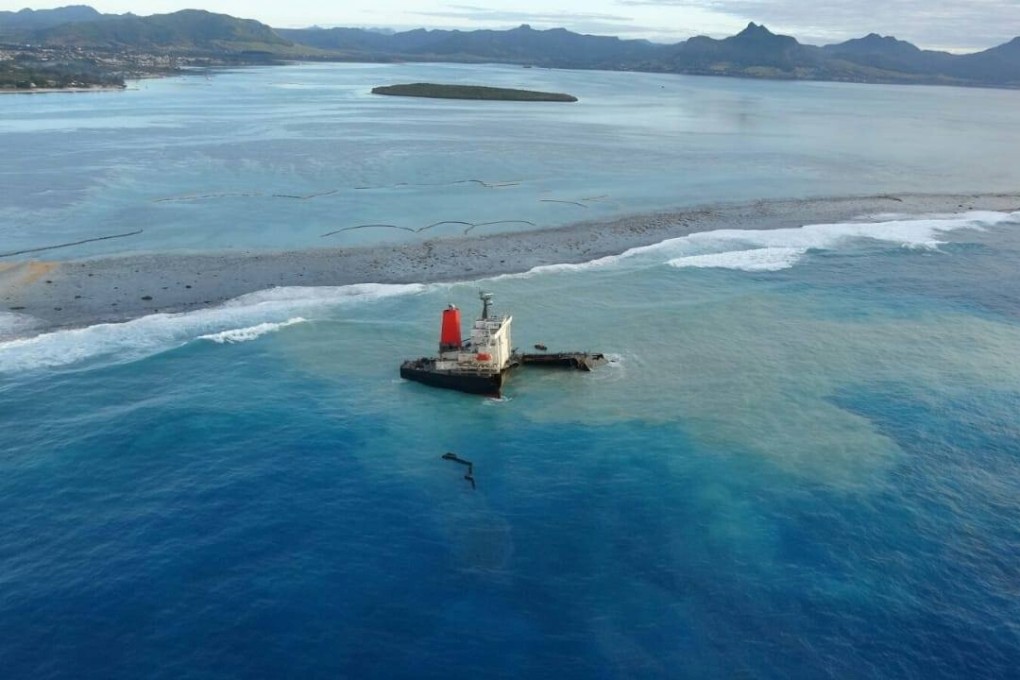 A part of the Japanese-owned bulk carrier MV Wakashio which ran aground off Mauritius. Oil which leaked from the ship can potentially kill the mangrove forests on the island. Photo: Reuters