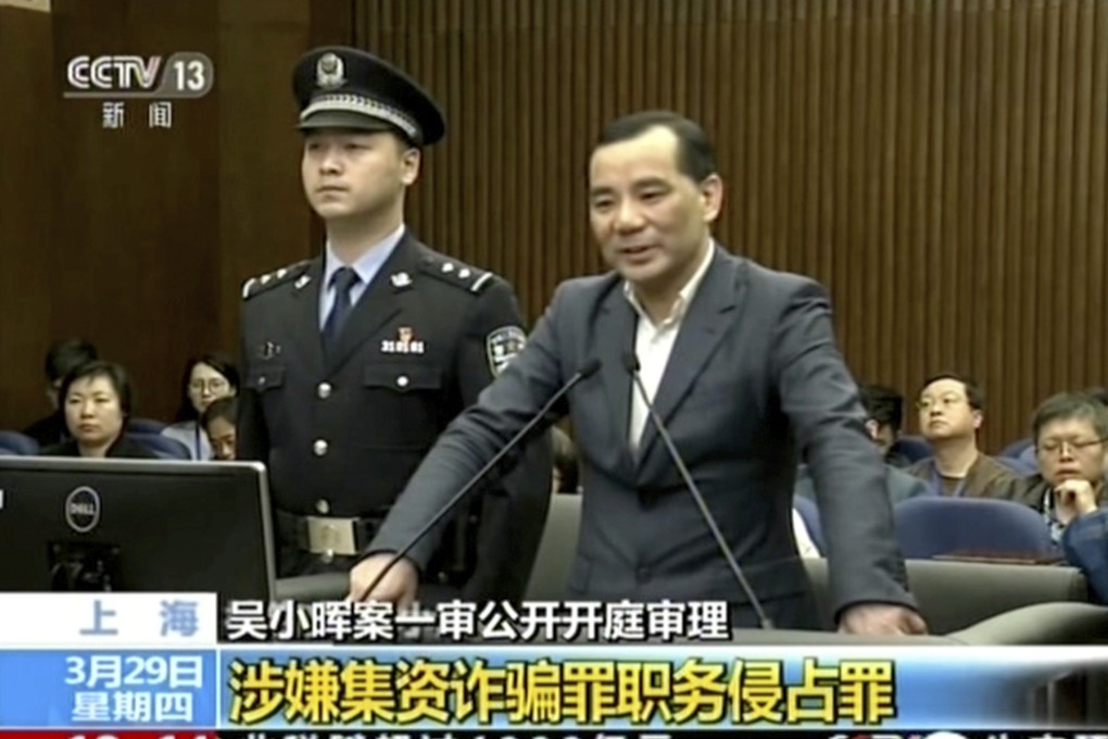 Wu Xiaohui, former chief of Anbang Insurance, seen in this image taken from undated video footage on China's CCTV, during his March 2018 trial at the Shanghai No. 1 Intermediate People's Court. He was later jailed for 18 years. Photo: CCTV via AP Video