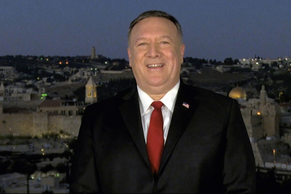 United States Secretary of State Mike Pompeo speaks from Jerusalem during the second night of the Republican National Convention on Tuesday, August 25, 2020. Photo: Committee on Arrangements for the 2020 Republican National Committee via AP