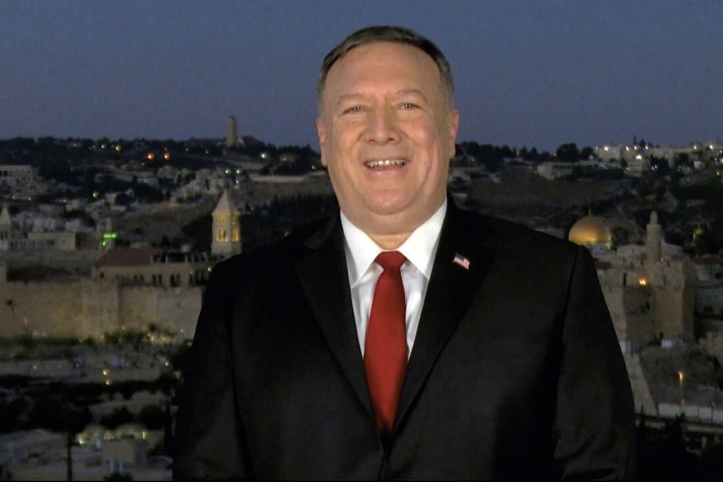 United States Secretary of State Mike Pompeo speaks from Jerusalem during the second night of the Republican National Convention on Tuesday, August 25, 2020. Photo: Committee on Arrangements for the 2020 Republican National Committee via AP