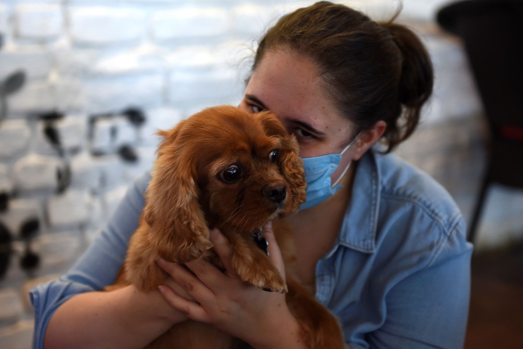 A visitor cuddles a dog at the Fur Ball Story dog cafe in Gurgaon, near New Delhi. Its owner helps customers find puppies to adopt, and has seen a big rise in inquiries during India’s lockdown to combat coronavirus, which forced the cafe to shut. Photo: Money Sharma/AFP