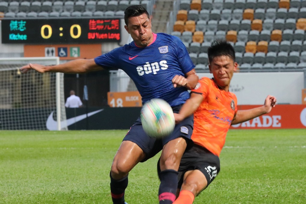 When can we watch Hong Kong football again? Kitchee forward Wellingsson de Souza tussles the ball with Lai Kak-yi of Yuen Long in the Premier League at Mong Kok Stadium early the season. Photo: Felix Wong