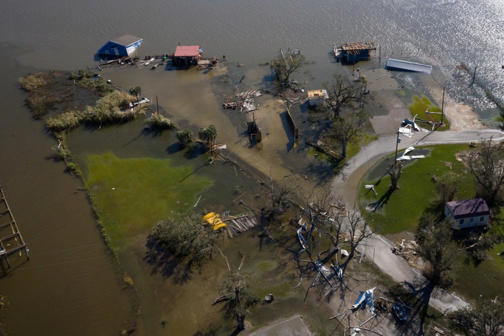Homes lie destroyed and immersed in water in the aftermath of Hurricane Laura near Hackberry, Louisiana, on Thursday. Photo: Reuters