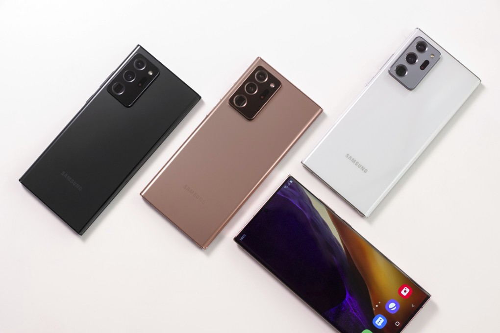 Samsung Galaxy Note20 Ultra smartphones come in bronze, black and white. They have a high-resolution display and fast screen refresh rate. Photo: Samsung via AP
