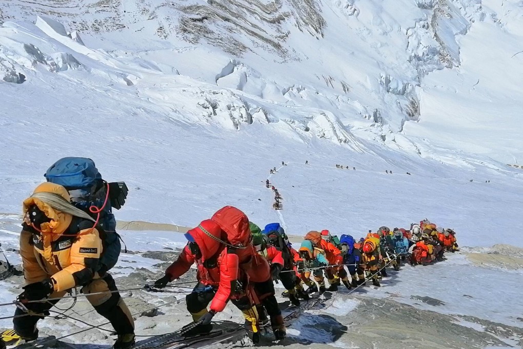 A long queue of mountain climbers on Mount Everest, just below camp four, in 2019. Photo: AP