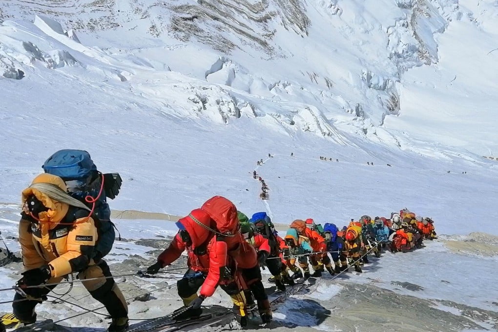 A long queue of mountain climbers on Mount Everest, just below camp four, in 2019. Photo: AP