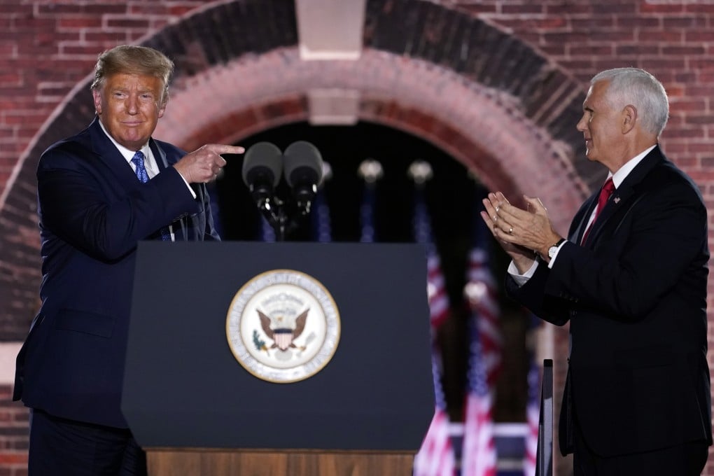 US President Donald Trump joins Vice-President Mike Pence on stage on the third day of the Republican National Convention in Baltimore on August 26. Photo: AP