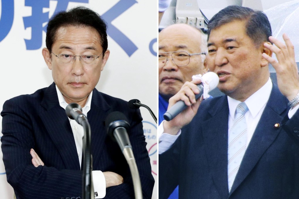 Liberal Democratic Party (LDP) policy chief Fumio Kishida and former LDP Secretary General Shigeru Ishiba. Photo: Kyodo