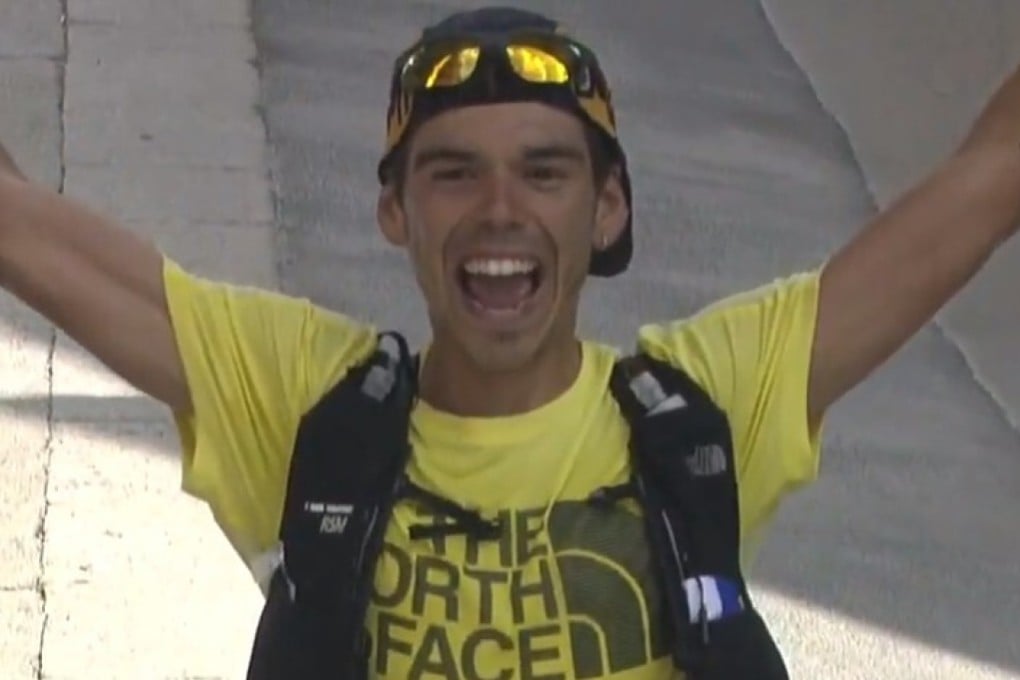 Pau Capell celebrating winning the Ultra Trail du Mont Blanc 2019. Photo: UTMB TV