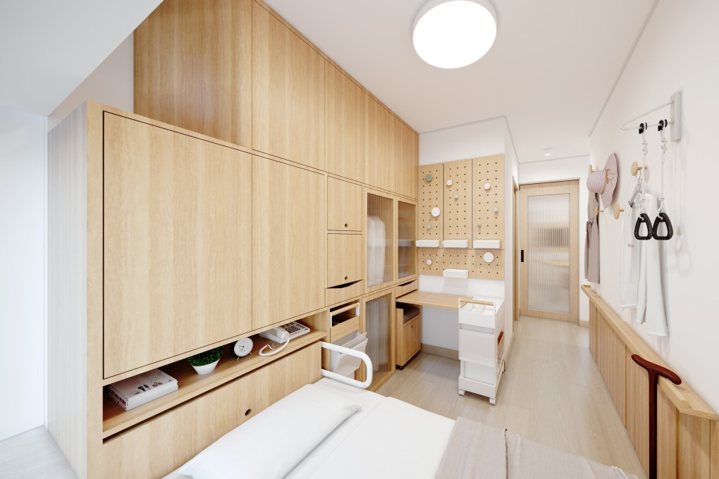 In this Hong Kong flat redesigned by Longevity Design House for its ageing occupants, simple modifications have been made, such as more accessible storage and a timber handrail on the wall that doubles as a physiotherapy bar.