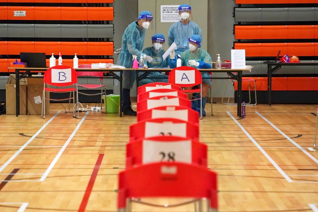 Medical workers at the Harbour Road Sports Centre in Wan Chai, which is being used as a Covid-19 test centre. Photo: Felix Wong