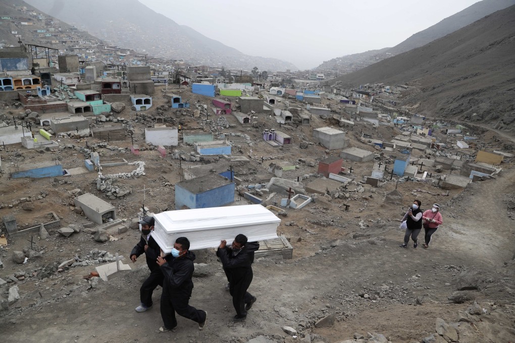 Cemetery workers in Lima, Peru, carry the coffin of a person who died from Covid-19 complications, according to the family, to a burial site on the outskirts of the city on August 26. Peru is among the top 10 countries with the most confirmed cases, and has had more than 28,000 confirmed deaths. Photo: AP