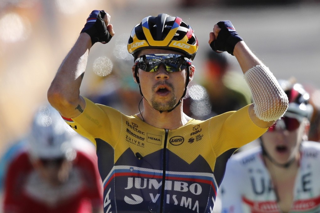 Slovenian rider Primoz Roglic of Jumbo-Visma team celebrates winning the fourth stage of the Tour de France. Photo: EPA