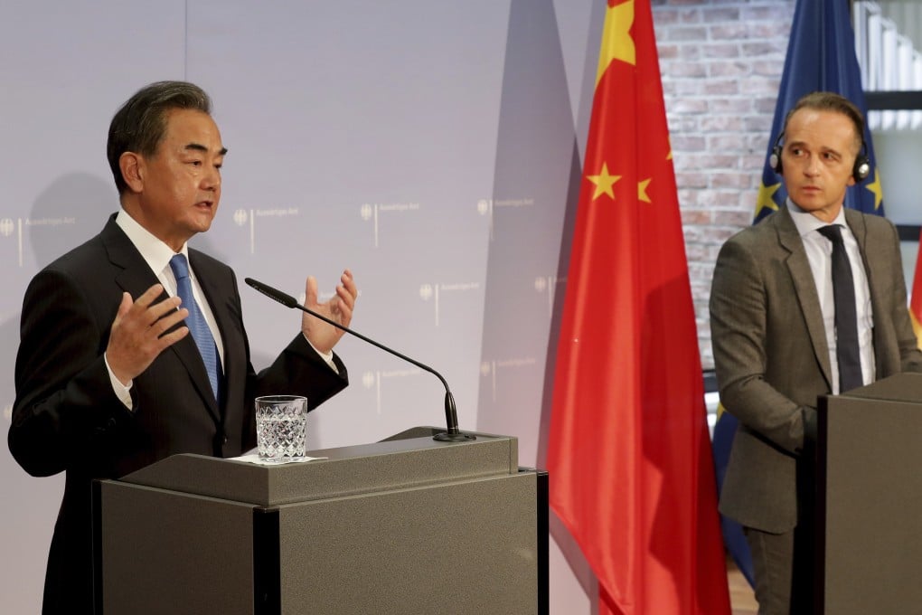 Chinese Foreign Minister Wang Yi (left) and German Foreign Minister Heiko Maas at their news conference on Tuesday in Berlin, the last stop on Wang’s trip to Europe. Photo: EPA-EFE