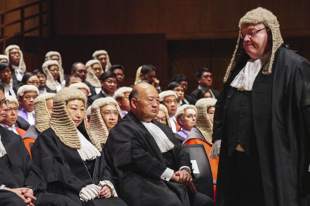 Attending the ceremonial opening of the 2020 legal year are (seated from left) Hong Kong’s Secretary for Justice Teresa Cheng Yeuk-wah, Chief Justice Geoffrey Ma Tao-li and (right) Bar Association chairman Philip Dykes, at City Hall in Central on January 13. Photo: Robert Ng