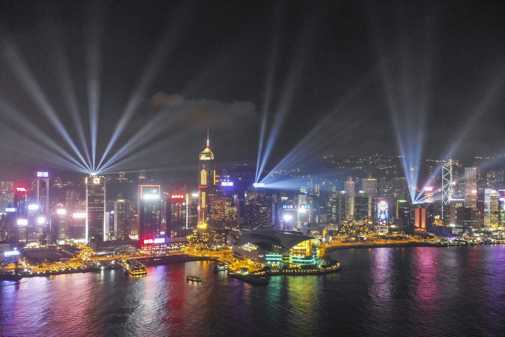 Hong Kong’s Symphony of Lights laser show still plays every night at 8pm despite tourists being at an all-time low, a situation questioned by artist Mark Chung in his residency at de Sarthe Gallery this month. Photo: Martin Chan