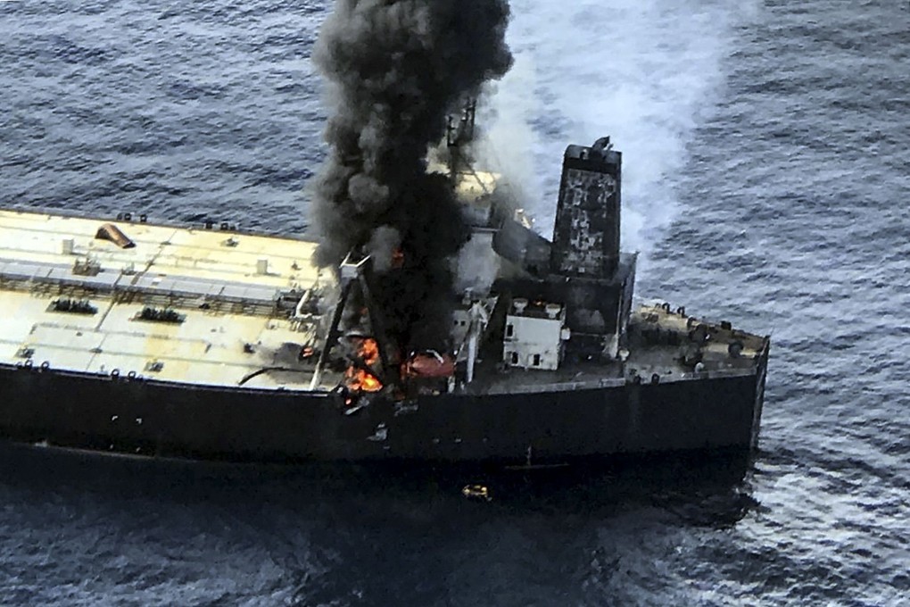 Black smoke rises from the oil tanker New Diamond, about 60km off Sri Lanka's eastern coast on Thursday. Photo: Sri Lankan Air Force handout via AFP