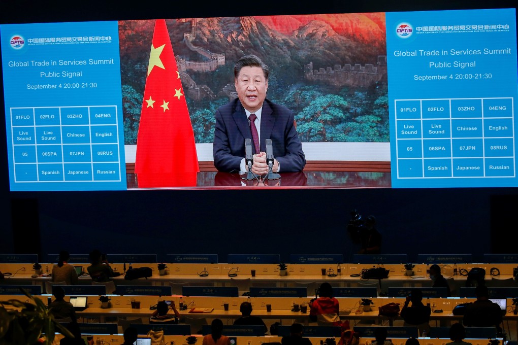 Chinese President Xi Jinping delivers a speech via video for the opening ceremony of the 2020 China International Fair for Trade in Services on Friday. Photo: Reuters