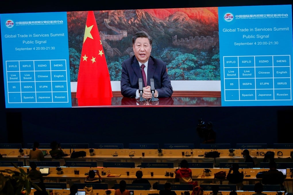 Chinese President Xi Jinping delivers a speech via video for the opening ceremony of the 2020 China International Fair for Trade in Services on Friday. Photo: Reuters