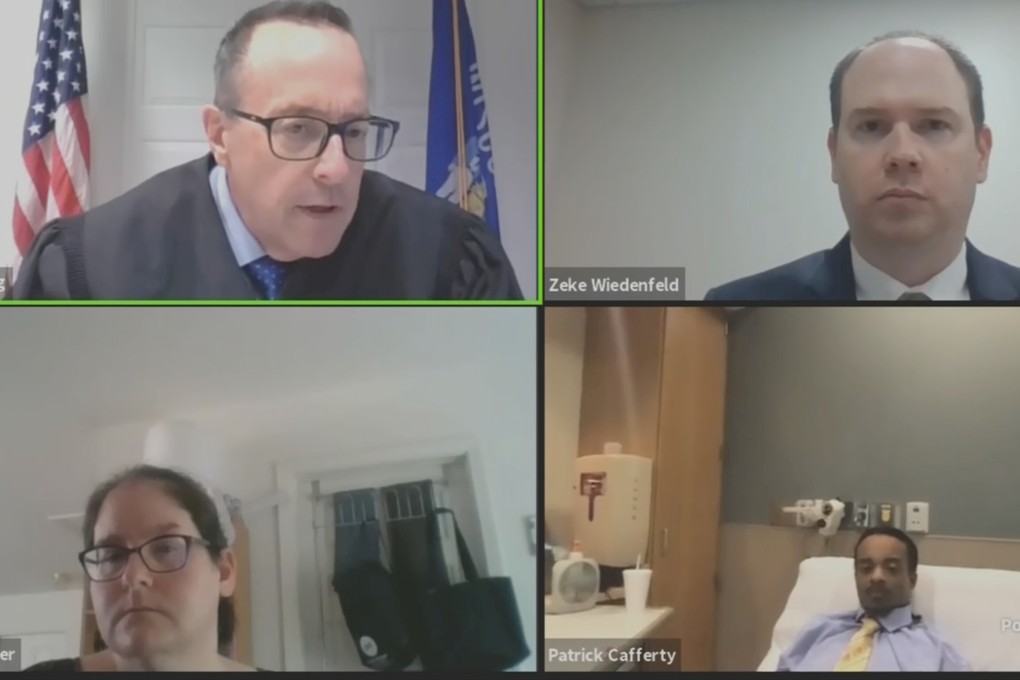 Jacob Blake, bottom right, appears virtually in a court proceeding related to charges filed before the Kenosha shooting incident which sparked anti-racism protests across the US. Photo: Reuters