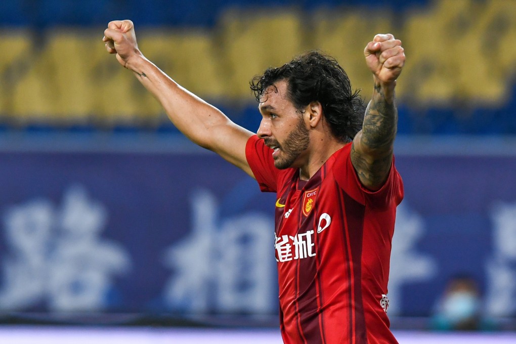 Ricardo Goulart of Hebei China Fortune celebrates after Wang Qiuming scores the opening goal against Shanghai SIPG in the Chinese Super League. Photo: Xinhua