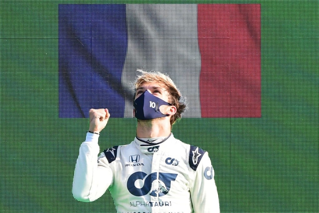 AlphaTauri's Pierre Gasly celebrates winning the Italian Grand Prix on the podium. Photo: Reuters