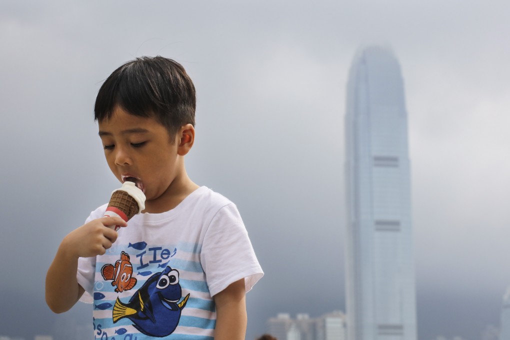 A boy eats ice cream near Victoria Harbour in Hong Kong on July 31, 2017, when the Observatory issued a “very hot” weather warning. This year, Hong Kong experienced its hottest July since records began. Photo: Felix Wong