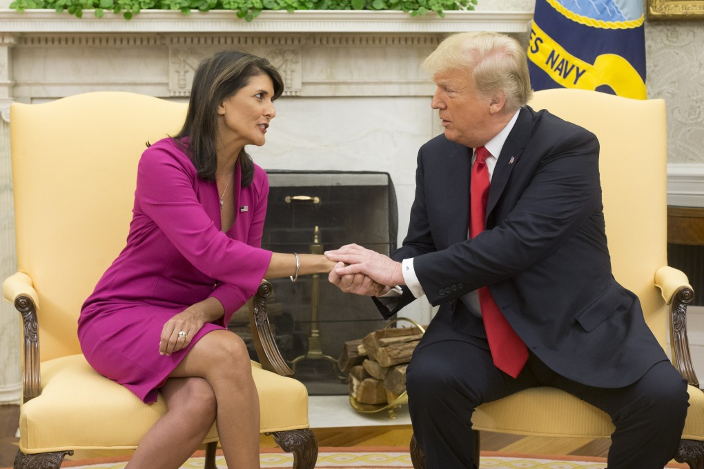 US President Donald Trump shakes hands with Nikki Haley, who has been more vocal on China since leaving her post as UN ambassador. Photo: EPA-EFE
